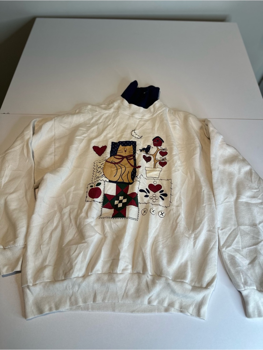 Women's Cream Crewneck Sweater with Folk Art Patchwork